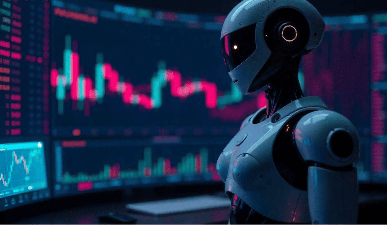 AI robot surveillant les marchés financiers en temps réel.