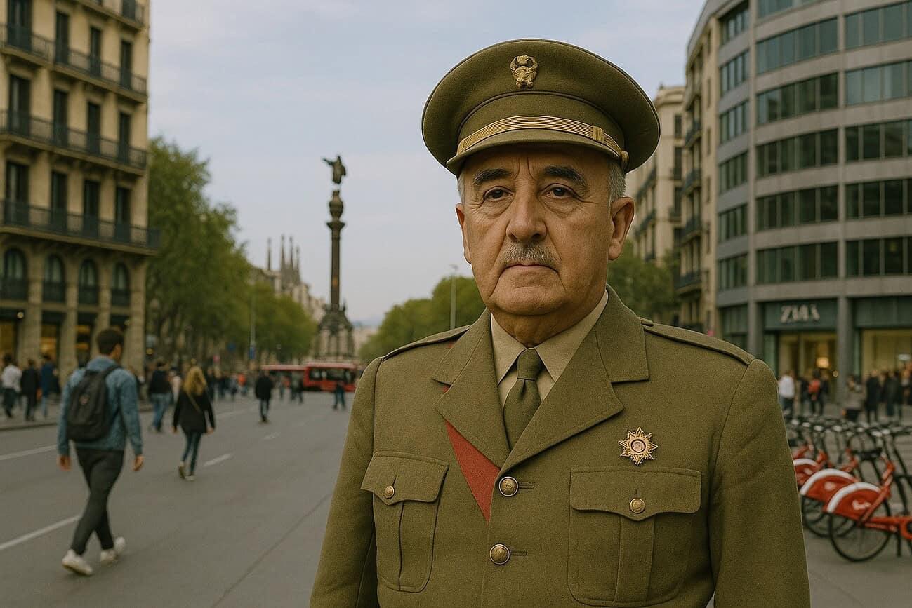 Quel aurait été le quotidien d'un Français de Barcelone sous Franco ? 1 Homme en uniforme militaire dans une rue de Barcelone, évoquant le quotidien sous Franco, avec des bâtiments modernes et des passants, illustrant la période historique.