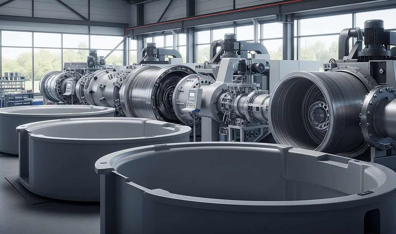 7 avantages clés du rotomoulage moderne pour votre production 4 Roto moulage industriel pour la fabrication de pièces robustes et durables dans un environnement moderne, illustrant l'efficacité et la précision du processus.