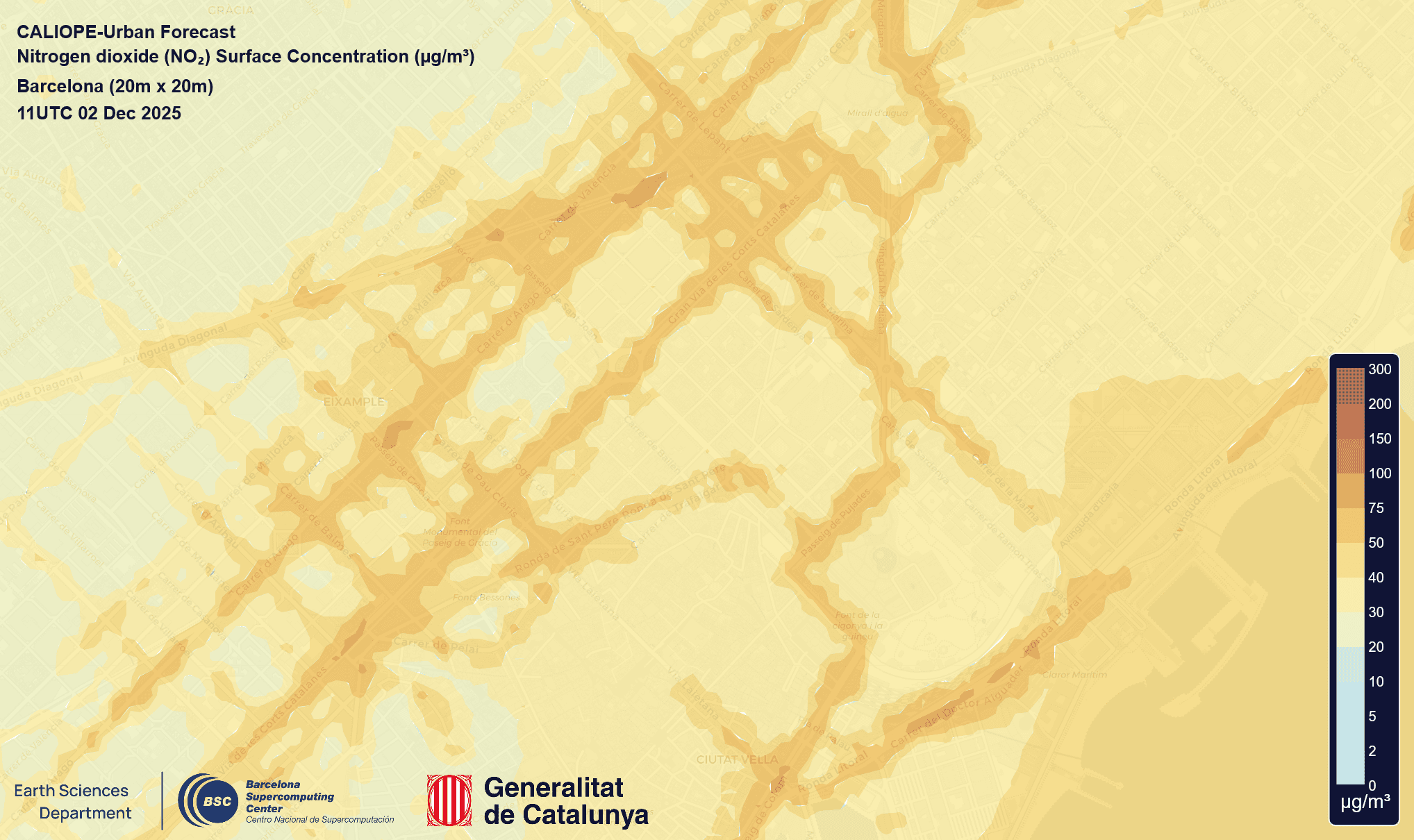 Découvrez si votre quartier de Barcelone est dangeureusement pollué 3 Carte de concentration de dioxyde d'azote (NO₂) à Barcelone.