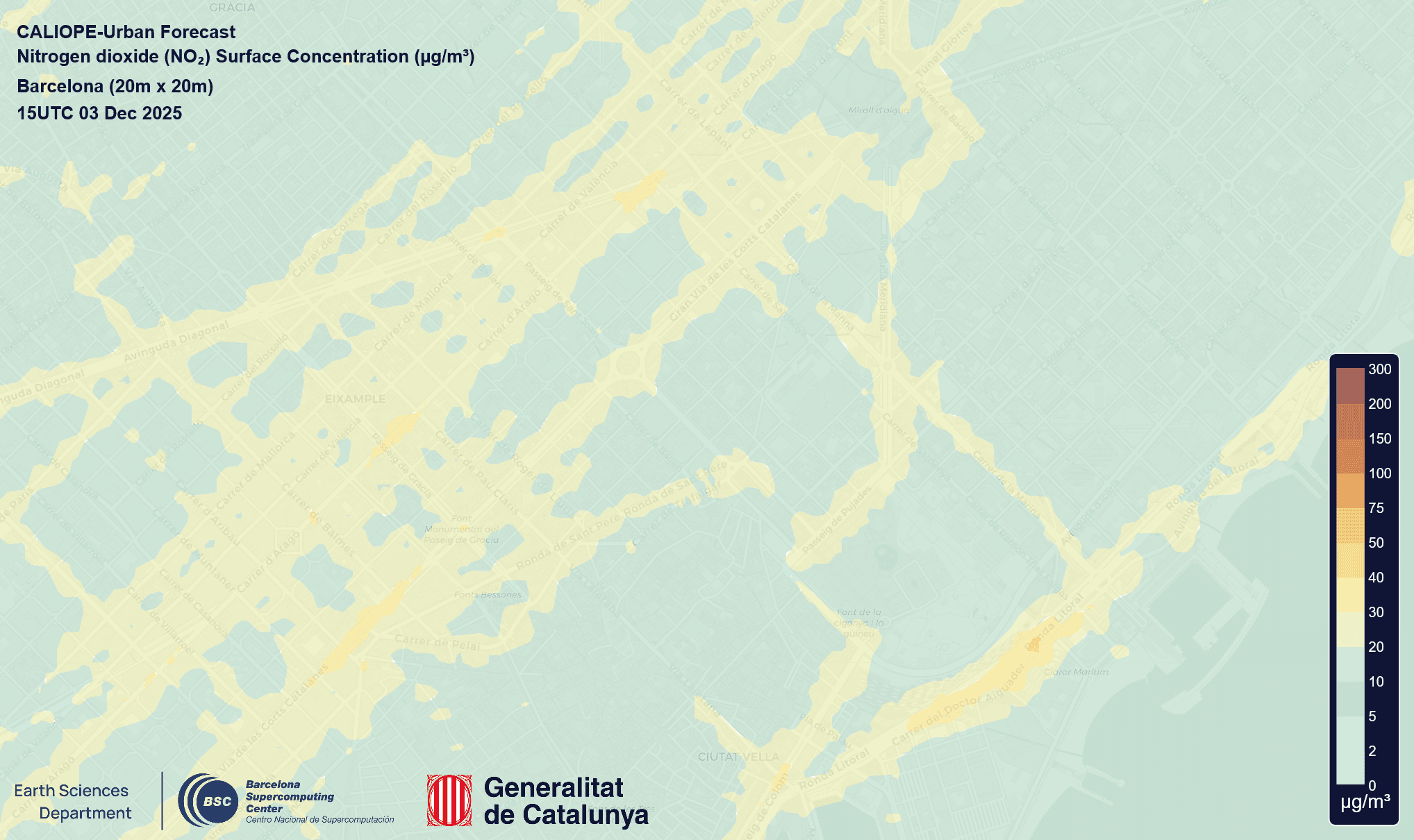 Découvrez si votre quartier de Barcelone est dangeureusement pollué 4 Niveau de dioxyde d'azote (NO2) dans le quartier.