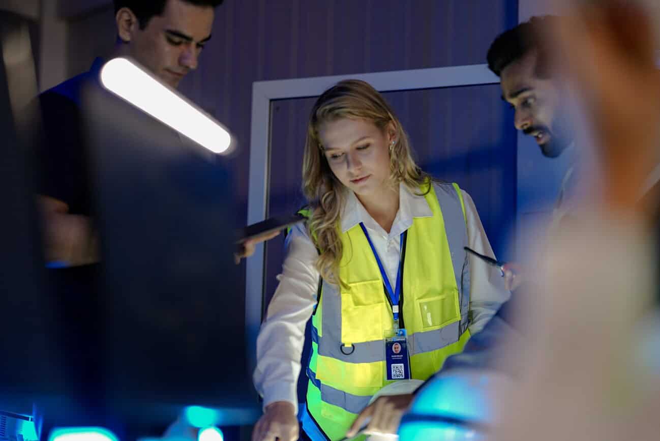 Une équipe de travailleurs en intérim effectuant un travail de nuit, portant des équipements de sécurité, dans un environnement industriel ou technologique, illustrant la flexibilité et la respectabil.