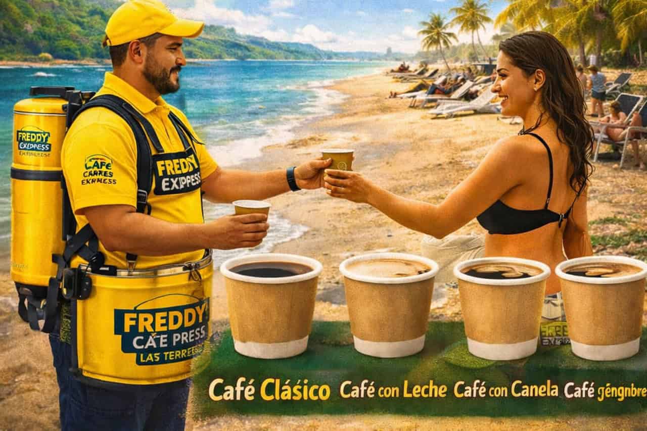 Vendeur de café en livraison sur la plage, offrant des boissons chaudes à une cliente souriante dans un décor tropical avec parasols et transats.