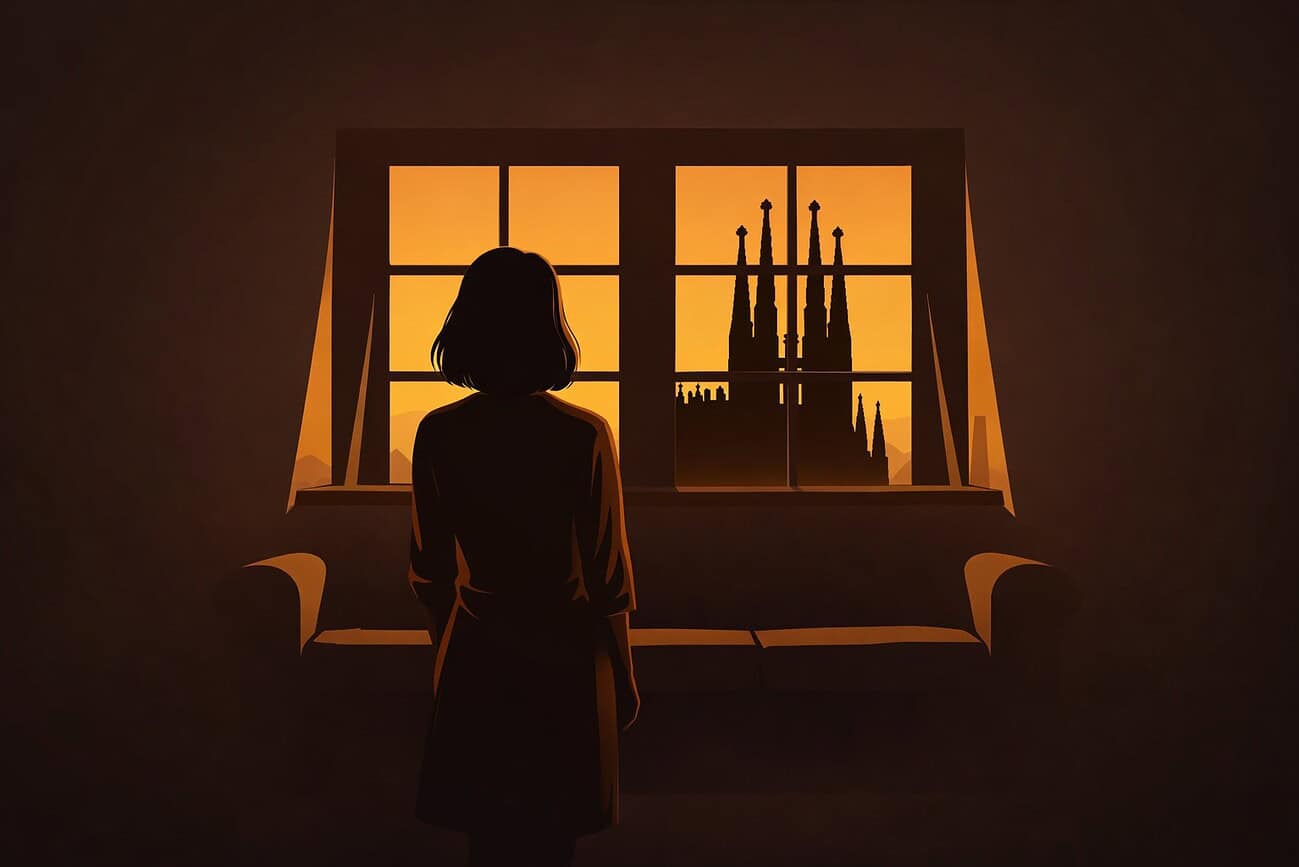 Lettre ouverte d'une Catalane aux Français de Barcelone 7 Une femme regarde la Sagrada Família depuis une fenêtre à Barcelone au coucher du soleil.