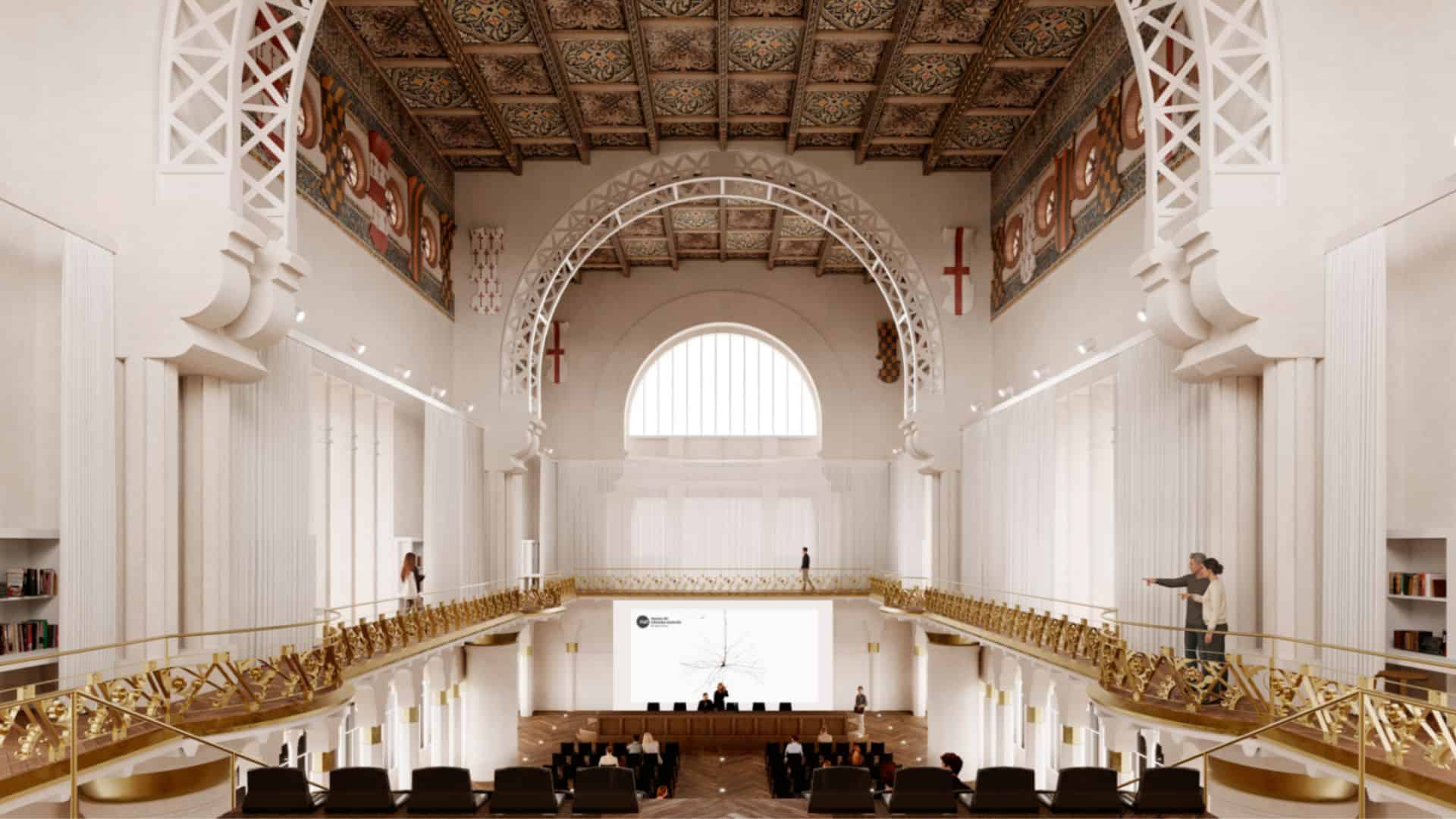 Vue intérieure du château transformé en musée de la science à Barcelone, mettant en valeur l'architecture historique et l'aménagement moderne pour l'exposition scientifique.