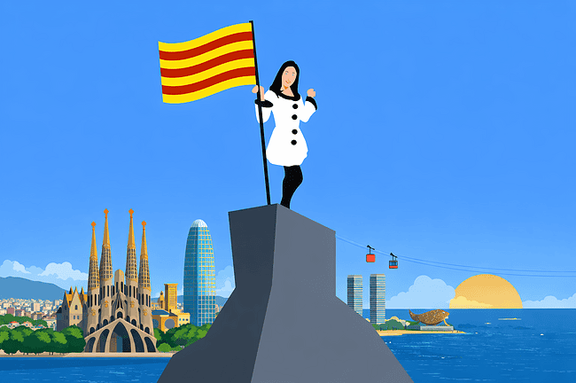 Une femme debout sur un monument avec le drapeau catalan, symbolisant la culture et l'identité catalane à Barcelone.