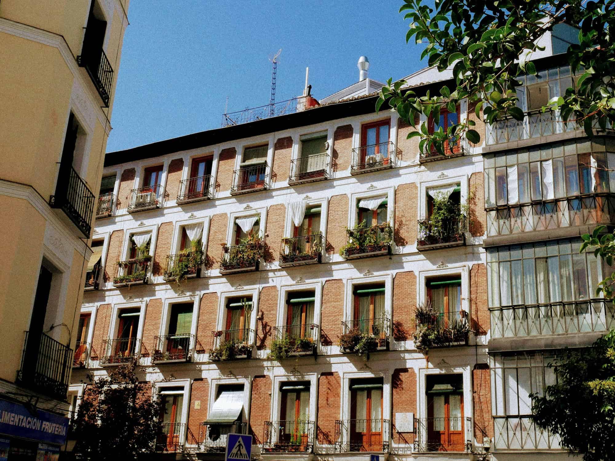 Balconnières fleuries sur un immeuble parisien classique, sous un ciel bleu clair.