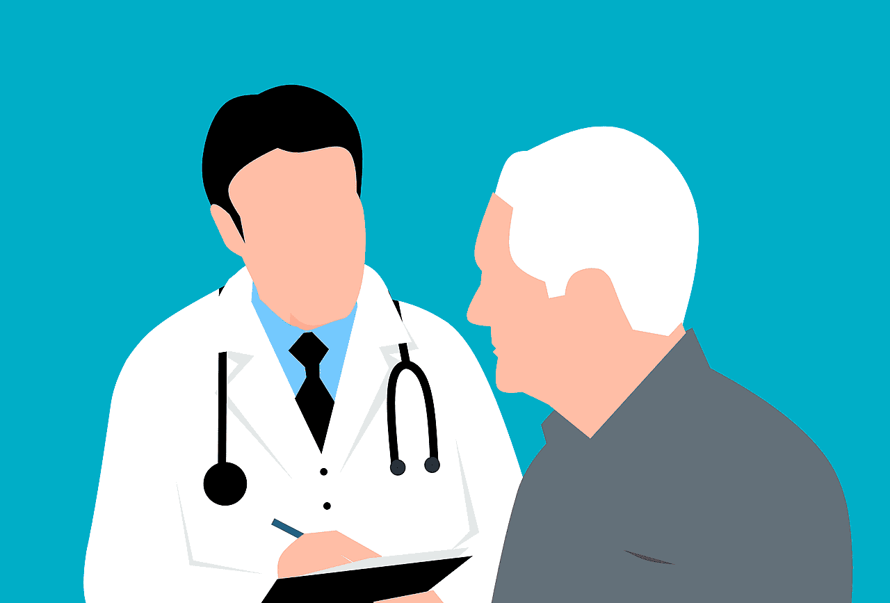 Illustration d'un médecin discutant avec un patient âgé, symbolisant l'humanité dans la lutte contre le cancer.