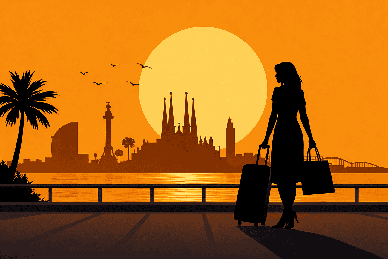 Femme avec valise et sacs à la gare de Barcelone, silhouette contre un coucher de soleil sur la ville, évoquant un départ ou un changement de vie.