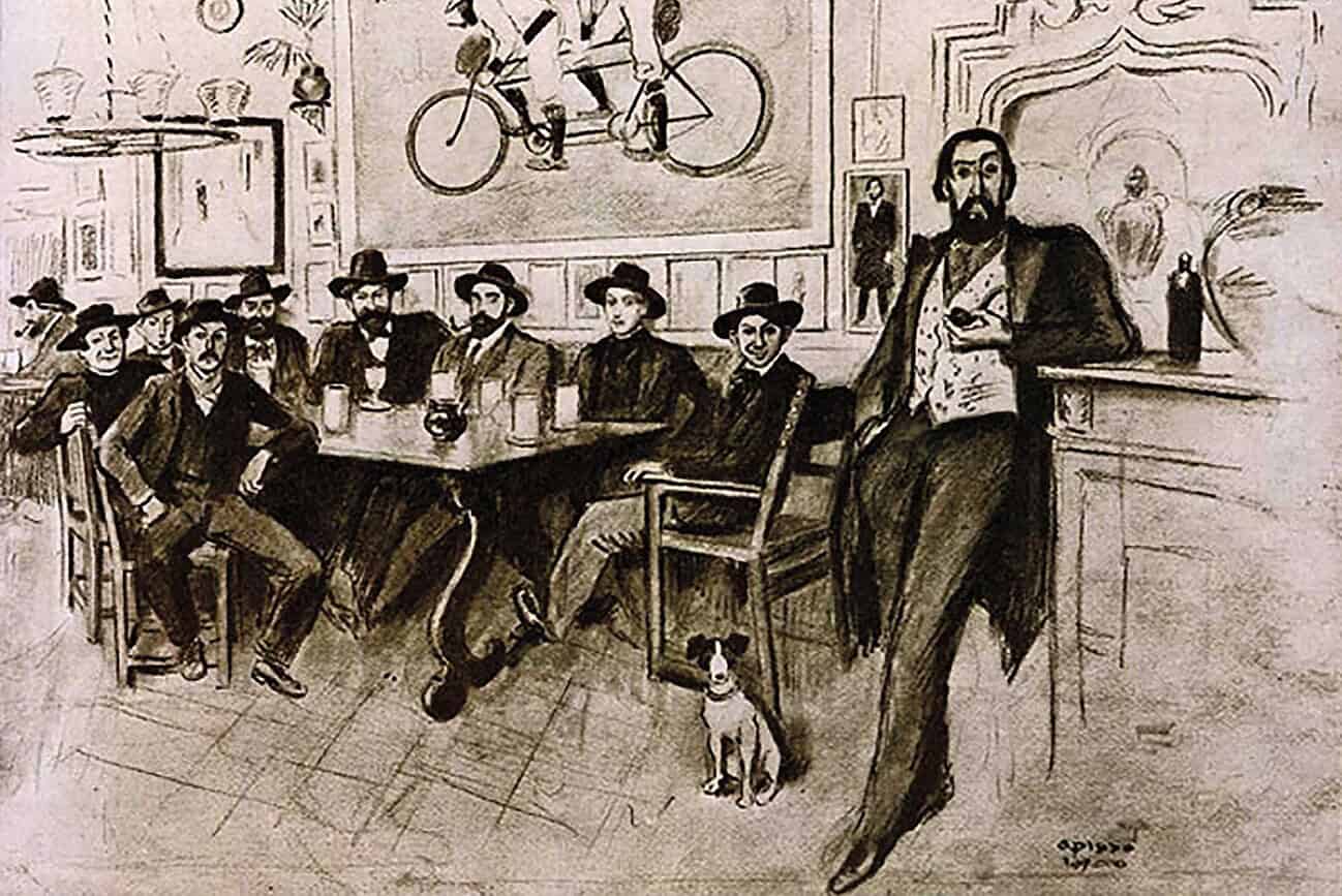 Balade dans le café Els Quatre Gats, lieu de rencontre des artistes célèbres à Barcelone, évoquant l'ambiance du Café de Flore avec ses personnages historiques et son atmosphère créative.
