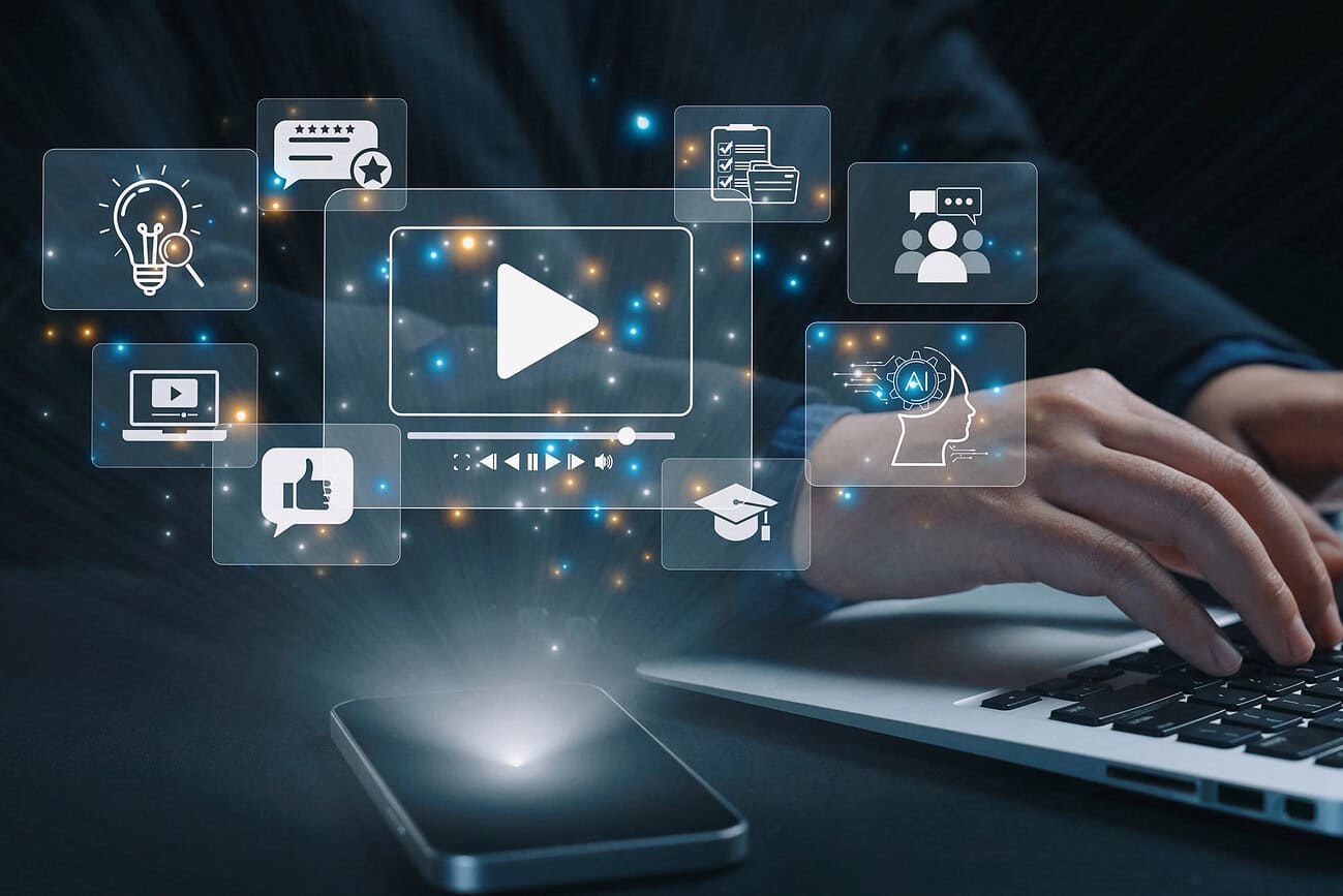Vidéo courte, IA et business créatif : pourquoi le format court est devenu stratégique 1 Illustration d'une personne utilisant un ordinateur portable avec des icônes de médias sociaux et d'intelligence artificielle, symbolisant la vidéo courte et le marketing digital.