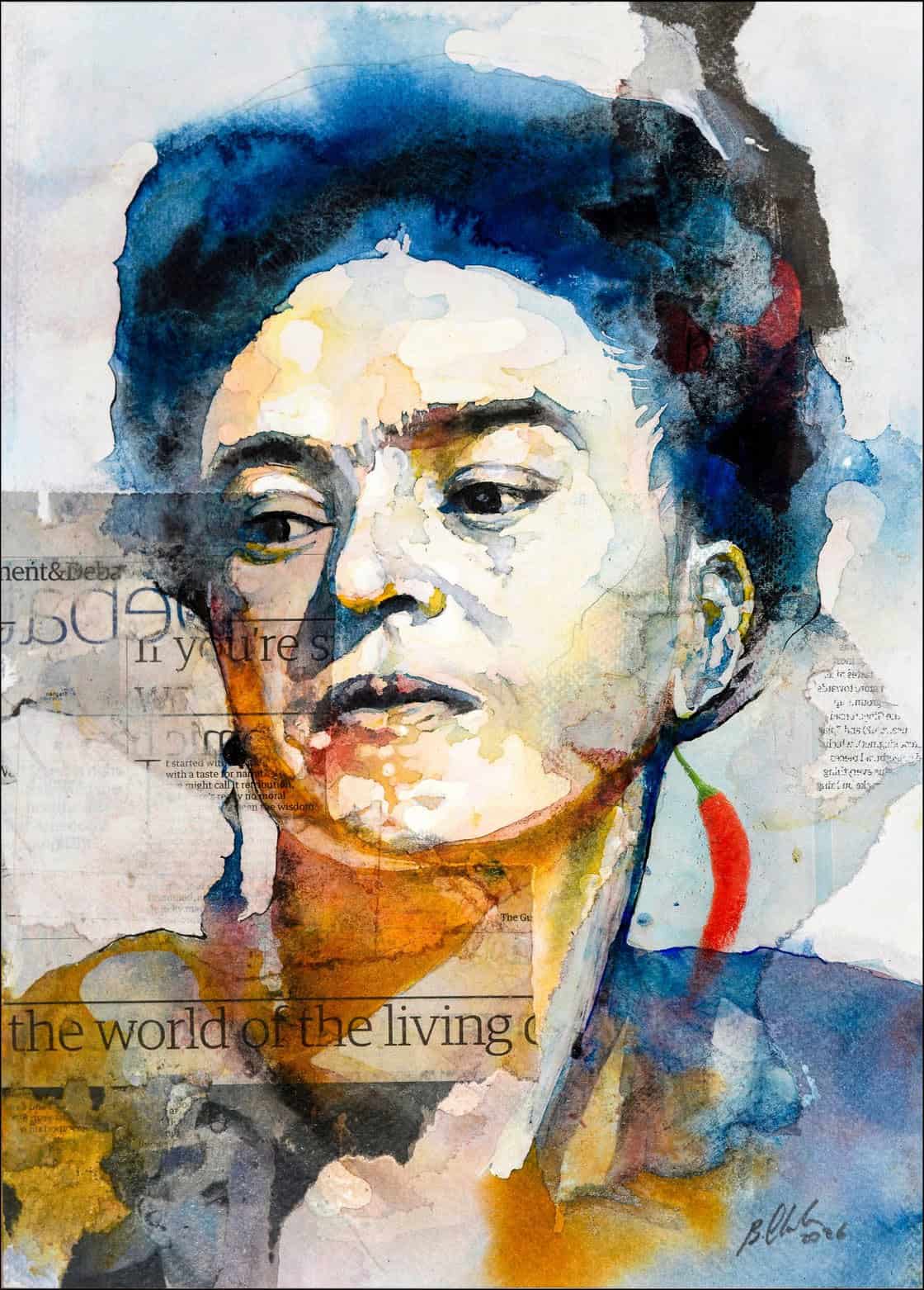 Portrait de Frida Kahlo, peinture aquarelle artistique illustrant la célèbre artiste mexicaine.