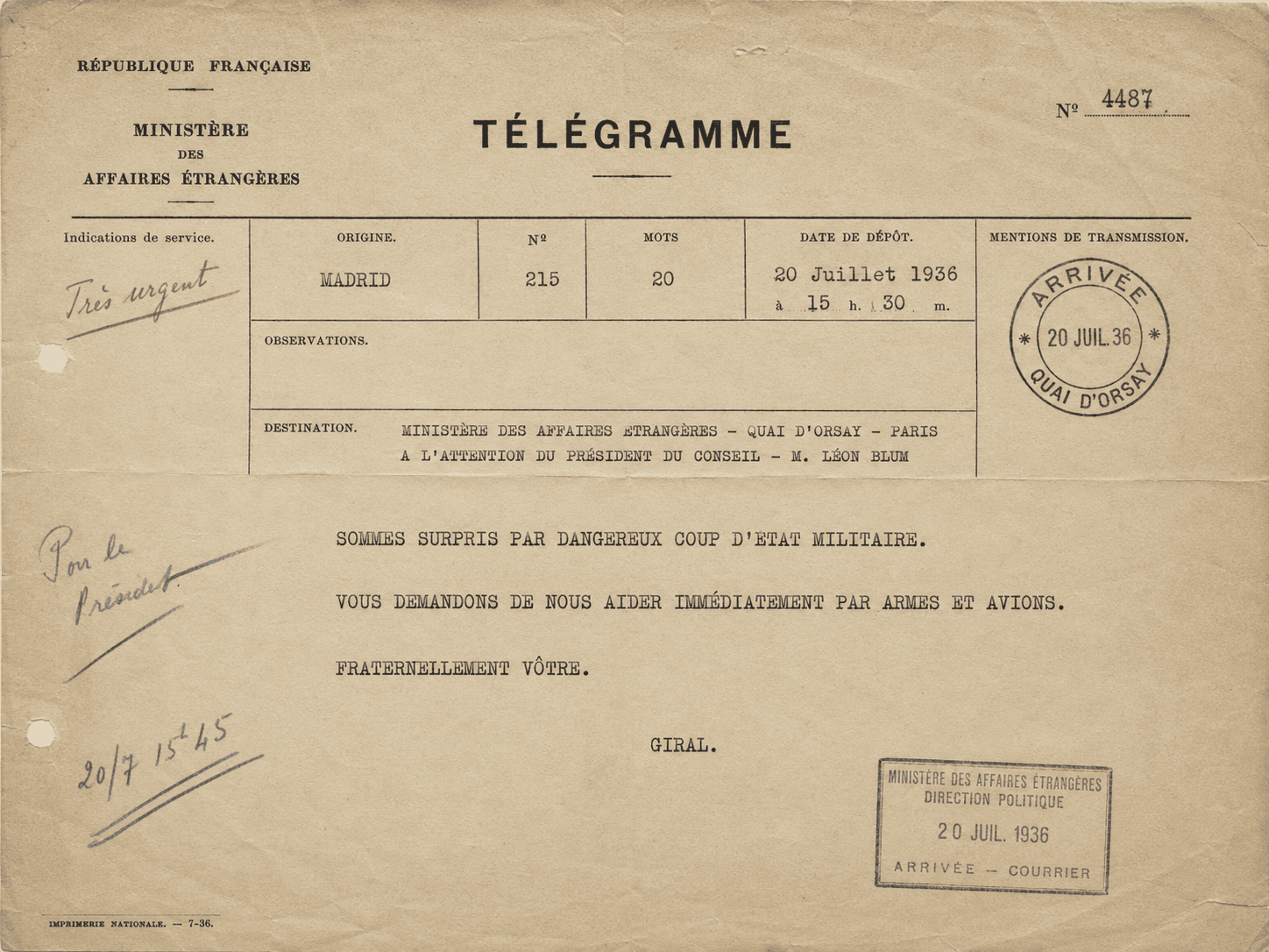 90 ans du coup d’Etat de Franco : pourquoi la France a refusé d’intervenir 1 Illustration reconstituee du telegramme Giral